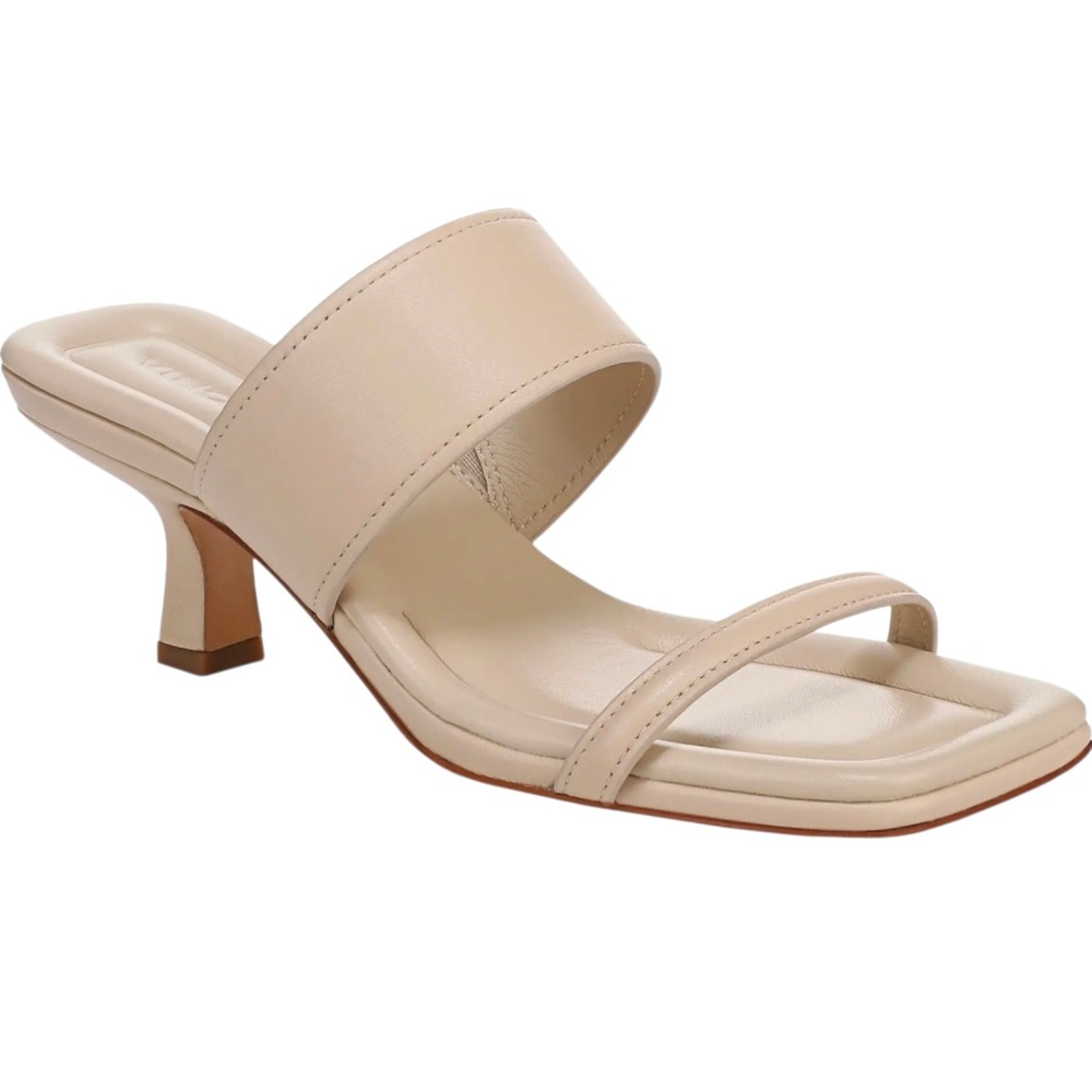 Vince Kitten Heel Slide Sandal Birch Sand‎ Leather Square Toe Womens 7M $295